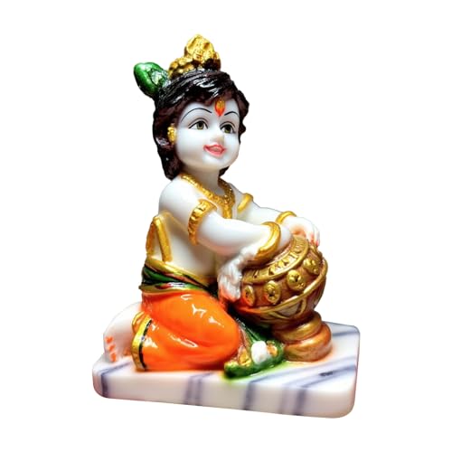 Image of UNOVATE Krishna Makhan Chor Statue Figurine Showpiece for Home Temple, Living Room & Pooja Decor | Lord Krishna Idol Showpiece for Housewarming Gift for Janmashtmi (White Marble Finish)