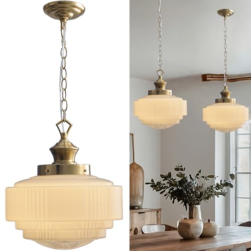 AILELANG Vintage Milk Glass Pendant Light, 13.8' Brass...