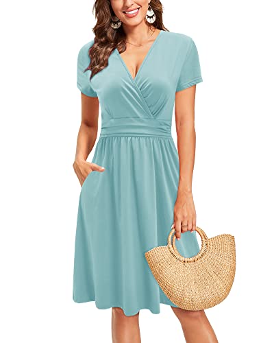 Image of Newshows Women's Pockets Wrap V Neck Floral Summer Vacation Casual Sundress | Wrinkle Free, Stretchy, Summer Beach Floral Sundress 2026, Casual Dress for Vacation, Guaduation, Side Pockets, A-line