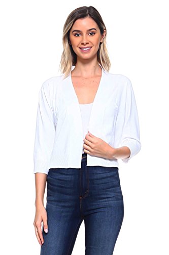 Women's Soft Solid Colored Open Front 3/4 Sleeve Cardigan White Small