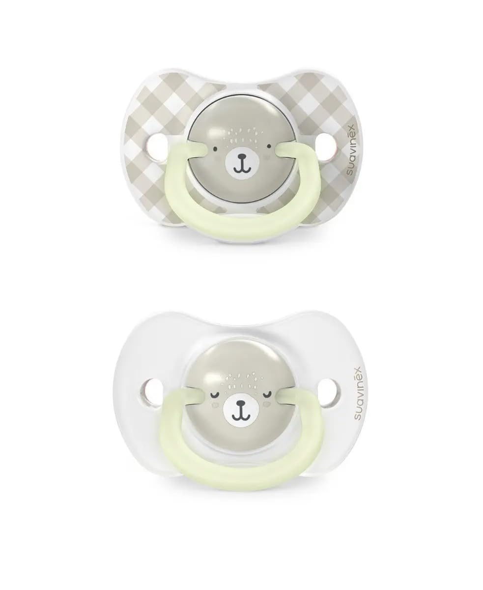 Suavinex, Pack de 2 Chupetes que Brillan en la Oscuridad, Bebés 6/18 Meses, para Dormir, con Anilla Fluorescente y Tetina Fisiológica SX Pro de Silicona, Plana y Flexible, Beige