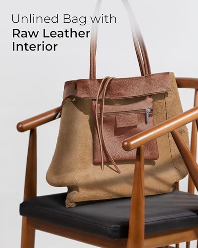 Image of Genuine Italian Leather Tote Bag for Women, Large Slouchy Purse, Brown | Unstructured bag, raw unlined interior with zip pocket, top zipper, side ties, folds flat, fits a 16-inch laptop, lightweight