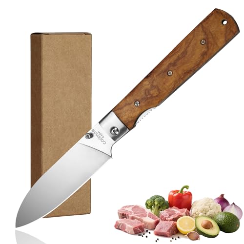 Carimee 440A Camping Kochmesser Edelstahl Scharfes japanisches faltbares tragbares Outdoor-Reise-Obstmesser Natürlicher Olivengriff Taschenkochmesser