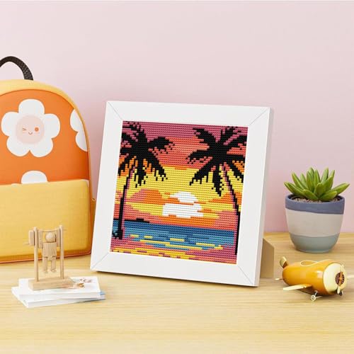 Image of Tiwabb Beach Scenery Cross Stitch Kits for Adults Beginners,Stamped Cross Stitch Kits with Framed,Embroidery Kit for Beginners,Full 11CT Cross-Stitch Arts and Crafts for Adults 7x7inch