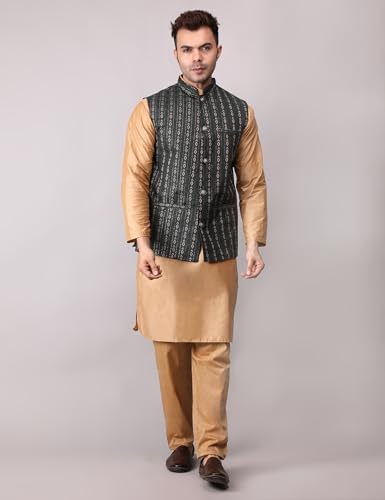 Image of Men's Cotton Silk Blend Regular Kurta Pyjama, Embroidered Nehru Jacket /Waistcoat Set
