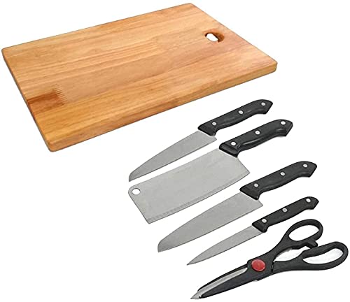 AKSHAR SALES Stainless Steel Kitchen 5-Pcs Knife Set with Wooden Chopping Board & Scissor Vegetable & Meat Cutting (K Knife Set)