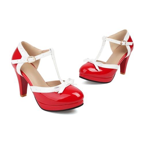 Image of ForeMode Fashion Women T-Strap High Heels Bow Platform Round Toe Pumps Leather Summer Sweet Shoes