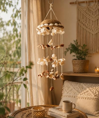 Image of Sea Shell Decorative Wind Chime for Home, Garden, Balcony Decor | Mini Door Hanger | Soothing Rain Sound & Very Lucky According to Vastu | Attracts Good Luck 15 Inch (White)