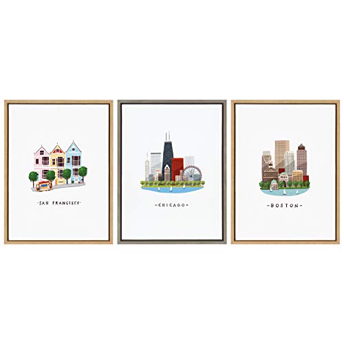 Kate And Laurel Sylvie Chicago Skyline Illustration Framed Canvas Wall Art By Maja Tomljanovic, 18X24 Gray, Bohemian Cityscape Wall Accent #TOP6