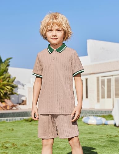 Image of Arshiner Boys 2 Piece Outfits Button Polo Shirt & Elastic Shorts 4-13 Years