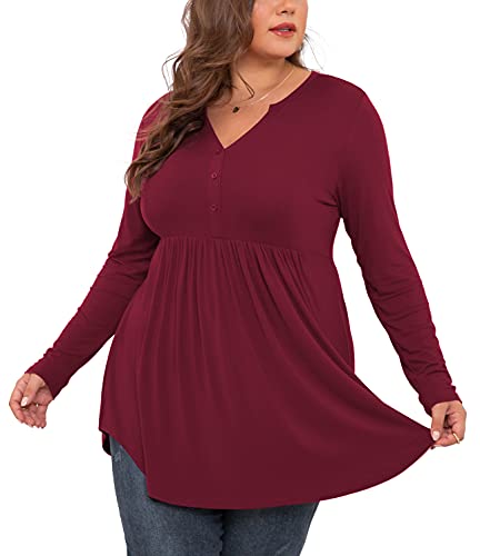 SHIJIALI Women's Plus Size Tops V Neck Henley Shirts Casual Long Sleeve Swing Flowy Blouse for Leggings Burgundy-X-Large — view 3