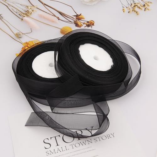 Organza Ribbon, 2PCS Black Ribbons 20mm x 45m, DIY Crafts for Gift Wrapping Balloon Ribbon - Image 2