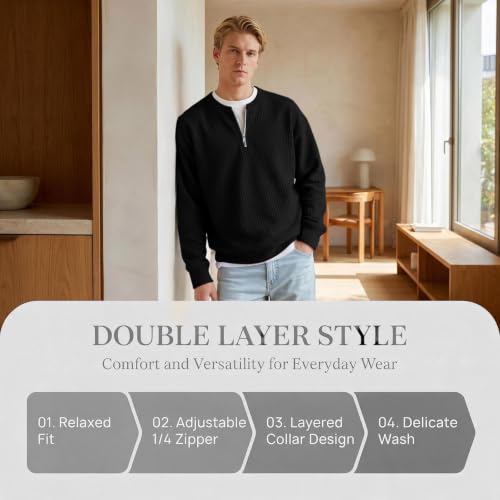 Layered Comfort Waffle Tee Men Quarter Zip Casual Fall Long Sleeve Shirt - image 5