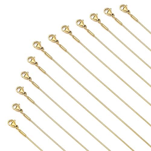 Loprome 12 Pcs Necklace Chains Gold Plated Stainless Steel Snake Chain Necklace, Thin Round Snake Chains with Lobster Clasp for DIY Jewelry Making, 1mm