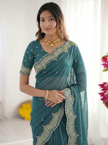 Image of SIRIL Women's Shimmer Georgette Scalloped Border Sequins Embroidery Saree with Unstitched Blouse Piece