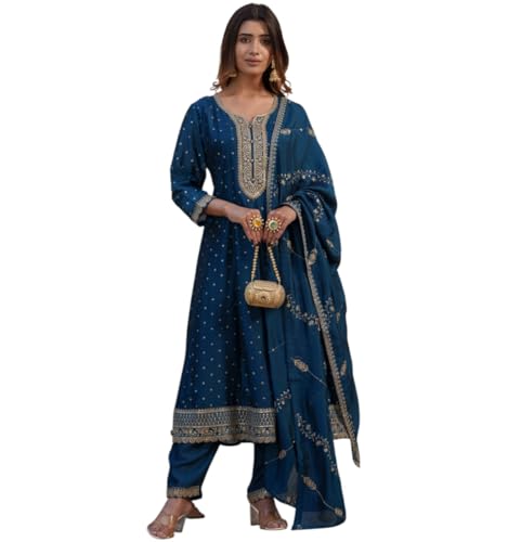 Image of Kaari Women's Embroidered Kurta Set with Dupatta - Festive Kurta Set for Women Polyester Blend