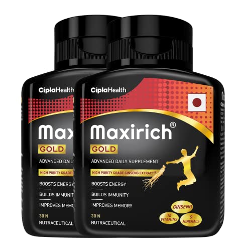 Cipla Maxirich Gold Daily Multivitamin (60 Softgels) with high purity grade Ginseng Extract*, 10 Vitamins and 9 Minerals | Boosts Energy & Immunity | Reduces Fatigue | Helps Improve Mental Alertness