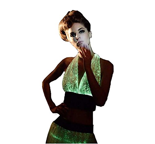 Fiber Optic Crop Top Light up Belly Dance Top Glow in The Dark Halter Top,Mobile APP Control (S) White