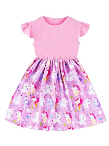 Girls Dress for Little Girls Short Sleeve Summer Dress Crew Neck Cute Pink Sundress Size 6-8Y