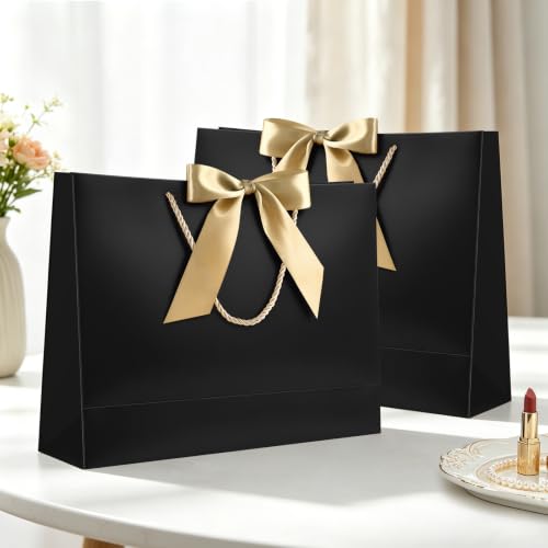 Image of JMANNI 12 Pcs Black Paper Gift Bags with Ribbon Handle