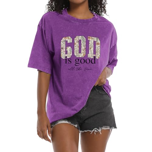 Image of Christian God is Good Shirts for Women Jesus Faith Religious T Shirts Floral Graphic Oversized Acid Washed Tee Tops