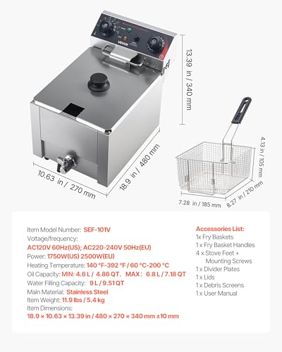Image of VEVOR Commercial Electric Deep Fryer, Oil Filtration Upgrade, 9.51 Qt, 1750W Stainless Steel Countertop Fryer with Basket and Lid, Temp Control, Oil Drain Valve for Commercial Restaurant Use, Silver