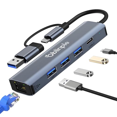Oblinple Hub USB 3.0 USB C Ethernet 5 en 2, LAN RJ45 1000Mbps Adaptateur avec 3 Ports USB 3.0 et Type C, Aluminium Multiport Adapter Réseau Gigabit pour...