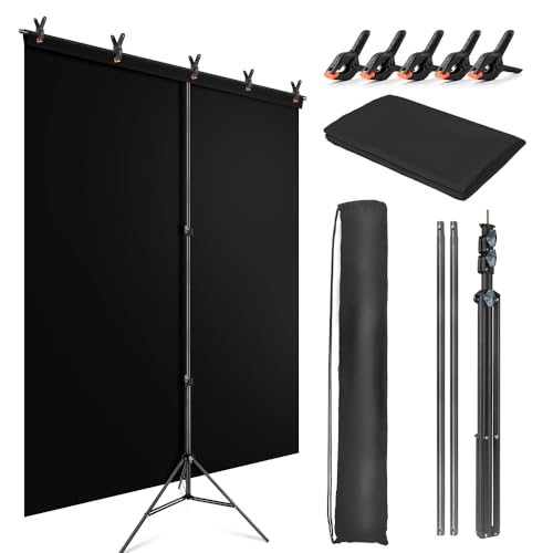 JEBUTU Black Backdrop Background with Stand for Photoshoot, 5x6.5ft Black Photo Backdrop Curtain Cloth with Background Support Stand, 5 Spring Clamps& Carrying Bag for Party Photography Video Studio