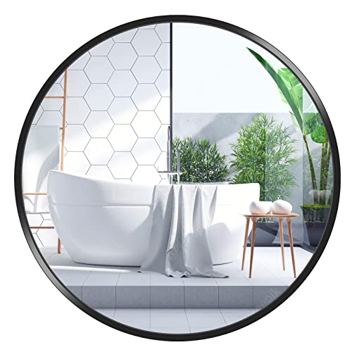 HIPTIS Black Circle Wall Mirror, Large Black Round Mirror 24 inch Metal Frame Round Wall Mirror for Bathroom Vanity Wall Decor, Circle Mirror for Bedroom,Living Room,Dining Room