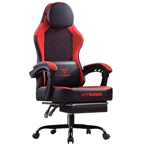 Image of PUKAMI Gaming Chair with Footrest,Ergonomic Gamer Chair for Adults, Racing Style Reclining Computer Game Chair with Headrest and Lumbar Support (RED)