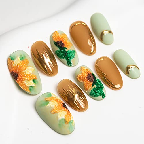 Sun&Beam Nails Handmade Press On Nails Medium Oval Mint Green Caramel Brown Gold Sunflower Floral Design Glossy 10 Pieces for Everyday Wear and Going Out (#022 L)
