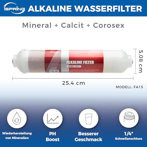 iSpring FA15 Alkali-Ersatz-Wasserfilterpatrone, 10-Zoll-Inline-Schnellverbindung, 3-lagig mit Mineralkugeln, Calcit und Corosex für Umkehrosmose-RO-System