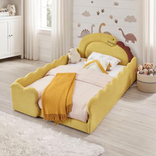 Image of Full Bed Frame for Kids, Floor Platform Bed Dinosaur, Yellow