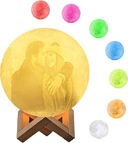 Hakiwina Custom Moon Lamp 3D Print Moon Light, 2 Colors Personalised Night Light with Photo and Text, Touch Control with Wooden Stand Creative Birthday Anniversary Day Gift (18cm/7.09in)
