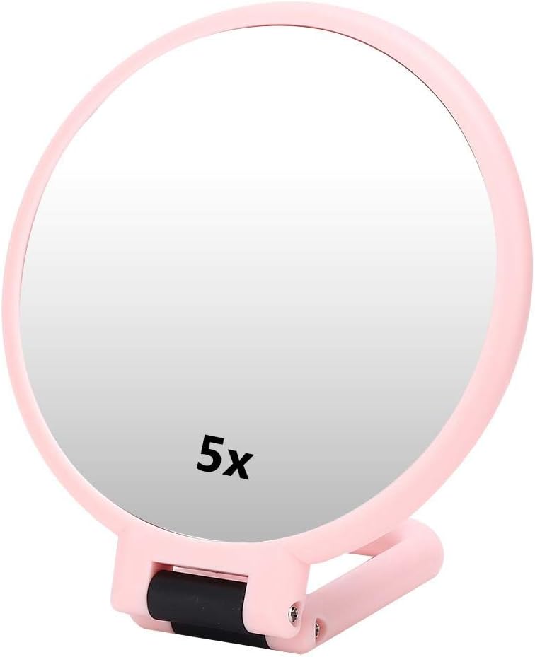 DoubleSided Magnifying Makeup Mirror, Table Top Vanity Mirror, Handheld Mirror 5X 4.7In Magnifying Folding Adjustable Cosmetic Mirror Travel Portable Makeup Mirror (Pink)