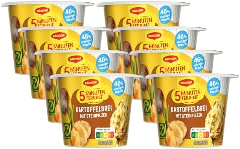 MAGGI 5 Minuten Terrine Kartoffelbrei mit Steinpilzen, 8er Pack (8 x 43g) | Leckeres Fertiggericht mit Kartoffelpüree, cremig herzhafter Kartoffel-Snack mit aromatischen Pilzen, ve