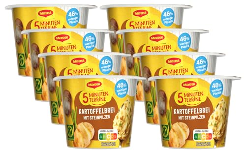 MAGGI 5 Minuten Terrine Kartoffelbrei mit Steinpilzen, leckeres Fertiggericht, Instant Kartoffel-Püree, herzhafter Kartoffel-Snack, 8er Pack (8 x 43 g)