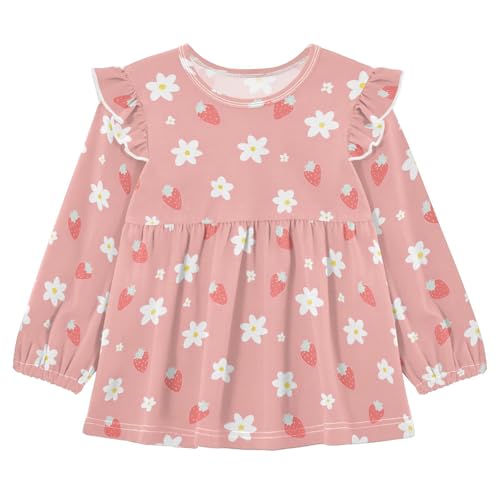 Strawberry White Flower Girls Shirts Cotton Long Sleeve Ruffle Toddler Tee Tops