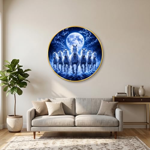 Image of SAF 7 Horse Moon Vastu Round Wall Painting with Premium PVC Golden Frame, Blue Night White Horses Water Art for Living Room Office Home Decor Gift (23 x 23 Inch) GR-456