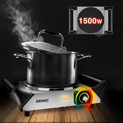 Duronic Hot Plate HP1 SS, Stainless Steel Table Top Cooking, 1500W Black Steel Electric Single Hob with Handles, Cast Iron Portable Hob Burner Rings for Home Kitchen, Pots, Camping