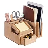 Liry Products Natural Wood Desk Organizer Storage Cabinet Mail File Paper Sticky Note Memo Pad Folder Office Supplies Caddy Tabletop Holder Accessory Sorter Multiple Compartments with Drawer