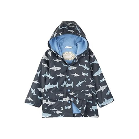 Hatley Boys' Little Button-Up Printed Rain Jacket, Shark Frenzy, 8 Years Cover