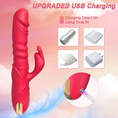 Image of Thrusting Rabbit Vibrator Sex Toys, G Spot Clitoral Vibrator Waterproof & Rechargeable Realistic Silicone Dildo Vibrator with 3 Thrusting & 10 Vibrating Modes, Rose Sex Toys for Women