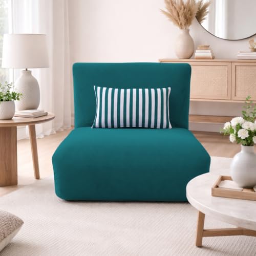 Image of Adorn India Easy Multi Mode 1 Seater Sofa Cum Bed | Velvet Fabric | Ocean Blue | Stripes Design | Comfortable Seating | Washable Cover | Perfect for Home & Office