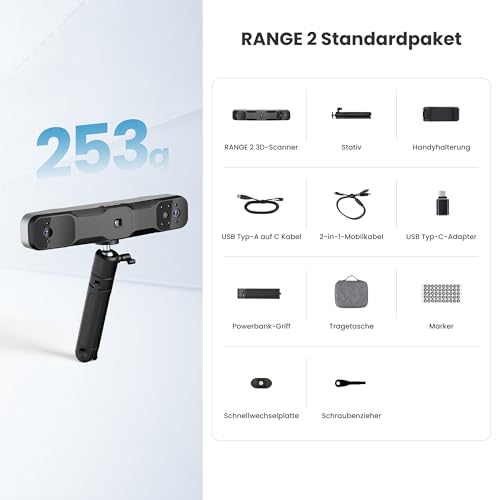 Revopoint RANGE 2 3D-Scanner Handheld, 0,1 mm Präzision, Tragbarer 3D-Scanner, Eingebaute RGB-Farbkamera, Unterstützt Körper- und Gesichtsscans, Reverse Engineering, Windows/Android/iOS/macOS