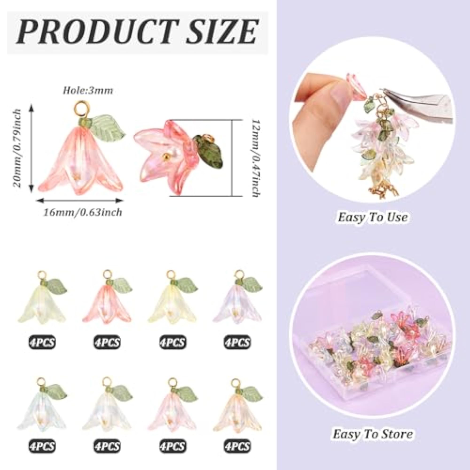 Acrylic Lily Flower Charms for DIY Crafting, 32 Pcs