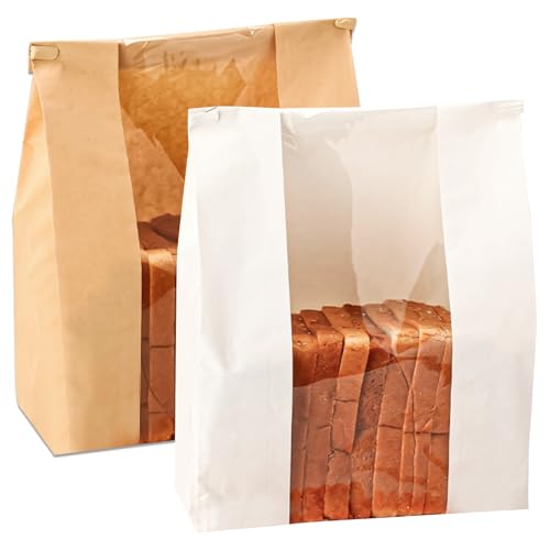 100PCS Kraft Paper Bread Bags for Homemade Bread, Large Sourdough Bread Bags with Clear Window, Loaf Bag with Tin Tie Tab Lock for Cookies, Cakes, Snacks, and Sandwiches,13.8” × 3.5” × 8.3”