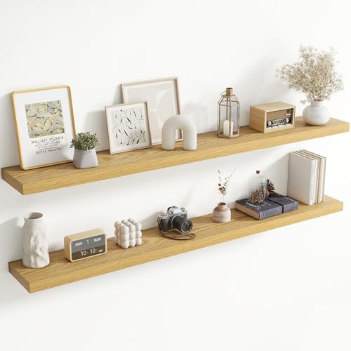 Image of 72 Inch Floating Shelves for Wall, 8 Inch Deep Floating Shelf for Storage & Display, Rustic Wall Mounted Shelf with Invisible Brackets for Living Room, Kitchen, Bathroom, Home Decor, Set of 2, Oak