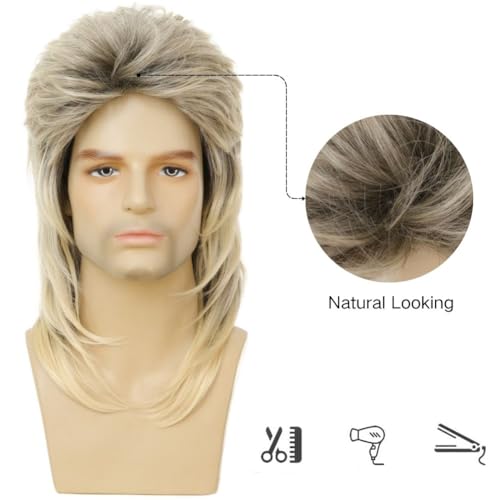 Image of Swiking Mens Mullet Wig Blonde and Dark Foot Retro 70s 80s Disco Rocker Curly Punk Fancy Party Halloween Cosplay Costume Full Wigs (Black and Blonde)