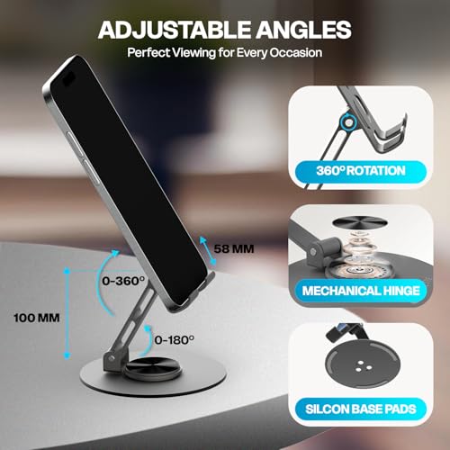 Image of Amkette Ergo 360 Alloy Mobile Stand for Desk, Foldable Design with Stable Rotational Metallic Round Base, Multiple Height & Angle adjustments for Smartphones, Tablets & iPad (Grey)
